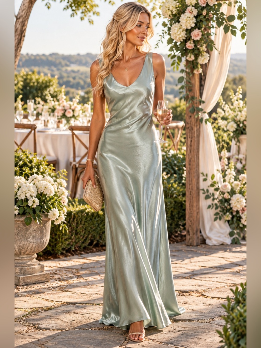 Vintage Fiesta S Sage Green Satin Maxi Dress Y2K Bias Cut Formal Gown USA